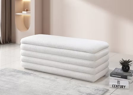 Nexviro Storage Bench – Soft White Teddy Bear Fabric Channel Tufted Lift Top Bench