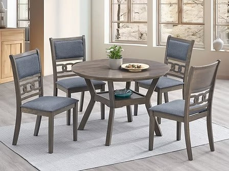 Primora 5-Piece Dining Set – Antique Grey Round Table with Fabric Upholstered Chairs