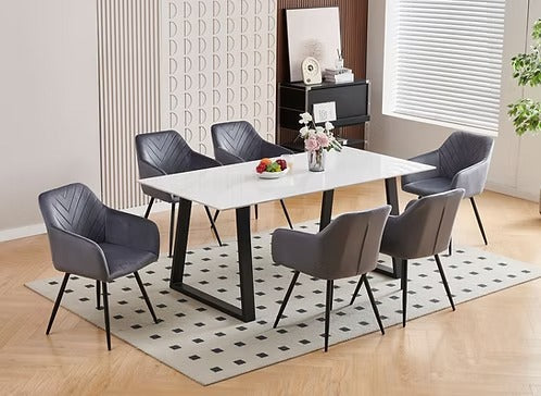 Calvessa 7-Piece Dinette Set – Snowy White Marble Sintered Stone Table with U-Shape Steel Legs & Light Grey Velvet Armrest Chairs