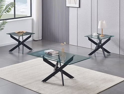 Yorvique 3 Piece Coffee Table Set – Modern Clear Glass Coffee Table with Black Metal Legs