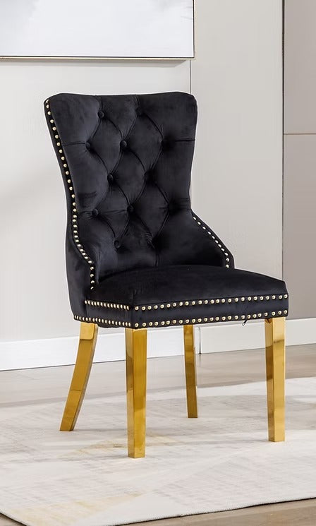 Oviero 2-Piece Luxury Black Velvet Dining Chair Set with Gold Knocker, Polished Gold Frame, Button Tufted Front & Nailhead Details