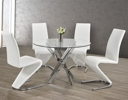 Cortano 5-Piece Dinette Set – Tempered Clear Glass Table with Chrome Legs & Z-Shaped White PU Chairs