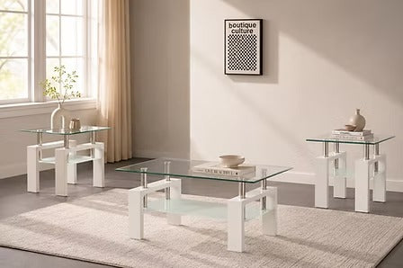 Qelviro 3 Piece Coffee Table Set – Modern Minimalist Clear Tempered Glass Coffee Table with Frosted Shelf and Glossy White Legs