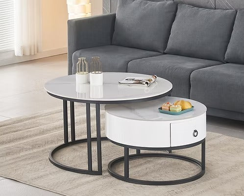 Mirvexo Set of 2 Coffee Tables – Modern Calacatta White Stone Top Coffee Tables with Black Steel Base and Storage Drawer