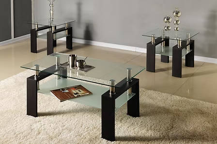 Lunvaro 3 Piece Coffee Table Set – Modern Clear Tempered Glass Coffee Table with Frosted Bottom Glass and Espresso Wooden Legs
