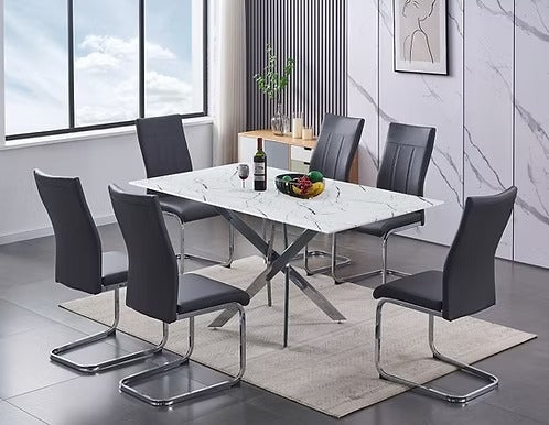 Sorello 7-Piece Dinette Set – White Marble Glass Table with Chrome Legs & Grey PU Chairs