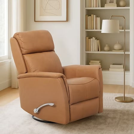 Zyrello Recliner Chair in Soft Caramel Brown Leather Match with Side-Mounted Steel Pull Handle &amp; Glider Rocking Mechanism