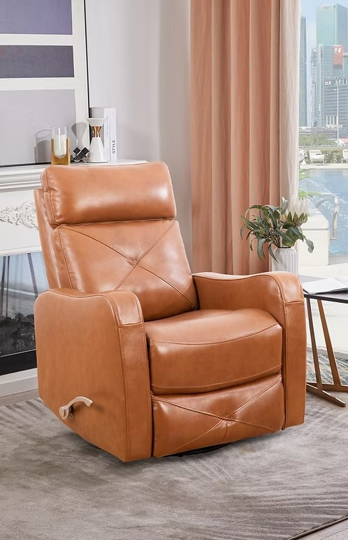 Wervano Recliner Chair with Side-Mounted Steel Pull Handle, Swivel &amp; Glider Mechanism, Zero Wallhugger Design in Soft Brown Leather Match