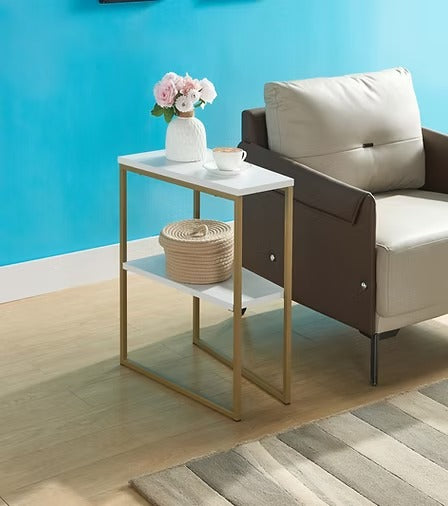 Lurvian C Shape Side Table – Compact Sofa Side Table with White Top and Gold Steel Frame