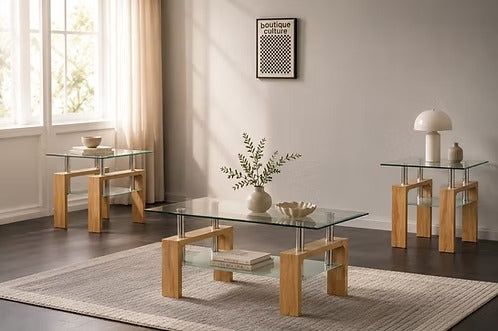 Qelviro 3 Piece Coffee Table Set – Scandinavian Contemporary Clear Tempered Glass Coffee Table with Frosted Shelf and Natural Wood Finish Legs