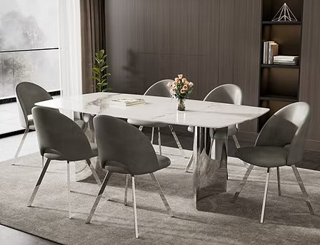 Avionza 7-Piece Dinette Set – Sintered Stone Snow White Marble Table with Stainless Steel Base & Soft Grey PU Chairs