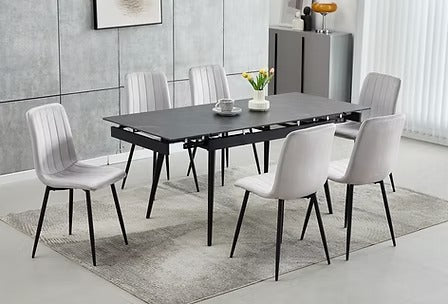 Liorvex 7-Piece Dinette Set – Sintered Stone Marble Extension Table with Black Steel Legs & Light Grey Velvet Chairs