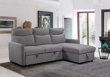 Solvantis Convertible Sofa Bed Sectional – Reversible Chaise Sleeper Sofa with Lift-Up Storage Compartment and Soft Grey Fabric Upholstery