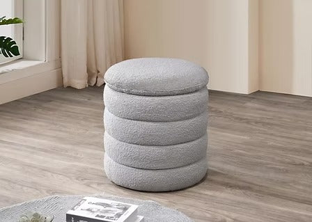 Naviero Round Storage Ottoman – Modern Lift Top Ottoman with Channel Tufting in Soft Grey Teddy Bear Fabric