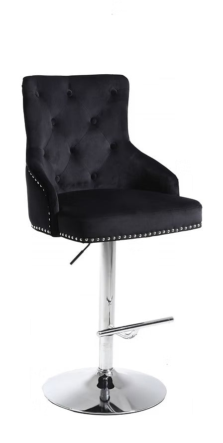 Cevoria Modern Black Velvet Swivel Bar Stool with Adjustable Height Gas Lift, Chrome Metal Frame, Steel Footrest & Nailhead Detail for Kitchen Island, Counter & Bar Seating (1 Piece)