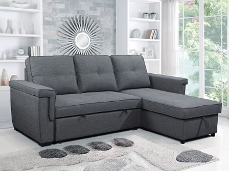 Calviero Convertible Sofa Bed Sectional – Reversible Chaise Sleeper Sofa with Lift-Up Storage Compartment, Piping Details and Soft Grey Fabric Upholstery