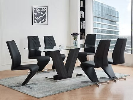 Orviano 7-Piece Dining Set – Glass Top Table with V-Shaped Pedestal & Modern Chrome Chairs
