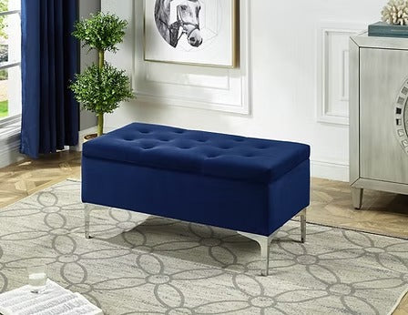 Elvirox Velvet Storage Bench – Blue Deep Tufted Bench with Chrome Legs and Lift Top Storage