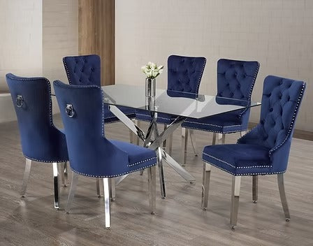 Elvanya 7-Piece Dinette Set – Tempered Clear Glass Table with Chrome Legs & Blue Velvet Knocker Chairs