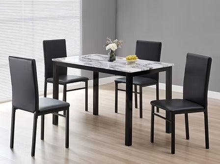 Cortano 5-Piece Dinette Set – Faux Marble Table with Black Steel Chairs