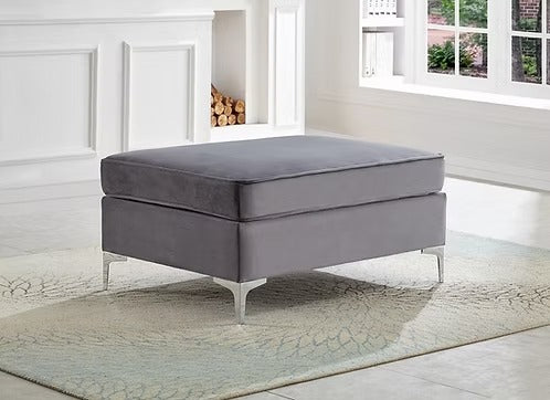 Alvexa Modern Grey Velvet Ottoman with Sleek Chrome Legs, Rectangular Design & Premium Upholstered Seating for Living Room, Bedroom & Lounge Spaces