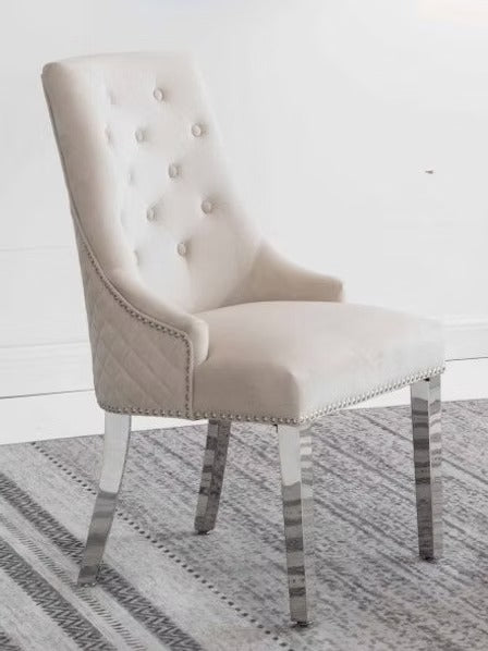 Zenvoro 2-Piece Luxury Dining Chair Set – Cream Velvet Chrome Lion Knocker Dining Chairs with Diamond Quilted Back, Button Tufted Front & Nailhead Details
