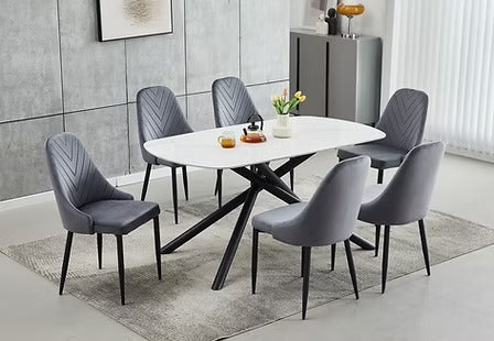 Veltrano 7-Piece Dinette Set – Sintered Stone White Marble Table with Black Steel Legs & Dark Grey Velvet Chairs