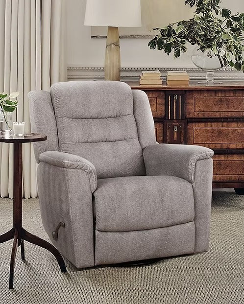 Yarvello Recliner Chair in Soft Grey Fabric with Swivel Glider Mechanism, Side-Mounted Steel Handle &amp; Zero Wallhugger Design