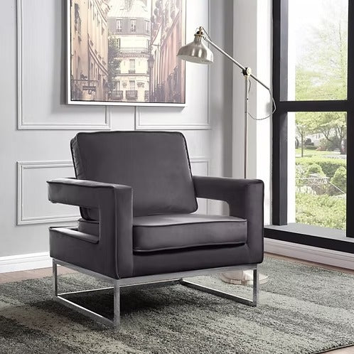 Mavirex Accent Chair – Grey Velvet Upholstered Chair with Stainless Steel Chrome Finish