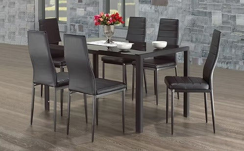 Norvello 7-Piece Dinette Set – Black Tempered Glass Table with Chrome Legs & Black Leather Chairs
