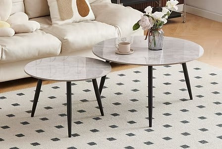 Sylvaro 2 Piece Coffee Table Set – Modern Snowy White Sintered Stone Marble Top with Black Steel Legs (Copy)