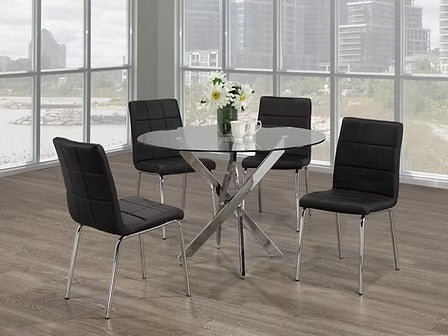 Bravora 5-Piece Dinette Set – Tempered Clear Glass Table with Chrome Legs & Black PU Chairs