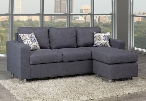 Korvello Reversible Sofa Sectional – Grey Fabric Sofa with Chrome Legs &amp; Accent Pillows