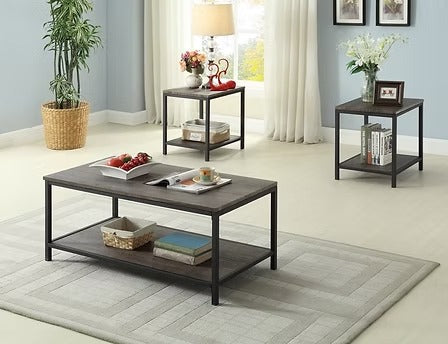 Elarvo 3 Piece Coffee Table Set – Distressed Wood Coffee Table with Metal Base and Matching End Tables