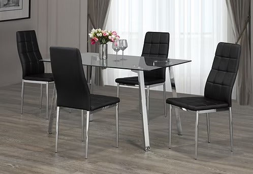 Arlovo 5-Piece Dinette Set – Tempered Clear Glass Table with Chrome Legs & Black Cushion Chairs