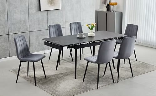 Liorvex 7-Piece Dinette Set – Sintered Stone Marble Extension Table with Black Steel Legs & Dark Grey Velvet Chairs