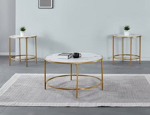 Arvexon 3 Piece Coffee Table Set – Modern Round Coffee Table with MDF Faux Marble Top and Sleek Gold Metal Base