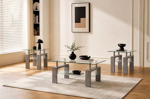 Qelviro 3 Piece Coffee Table Set – Industrial Modern Clear Tempered Glass Coffee Table with Frosted Shelf and Grey Faux Marble Legs