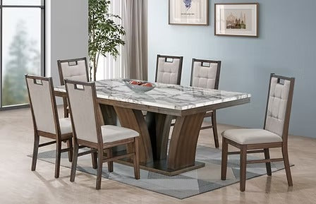 Sylviano 7-Piece Dinette Set – Rustic Brown Faux Marble Table with Rubber Wood Base &amp; Fabric Upholstered Chairs