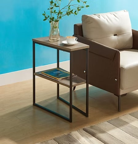 Lurvian C Shape Side Table – Compact Sofa Side Table with Reclaimed Wood Look Top and Steel Frame