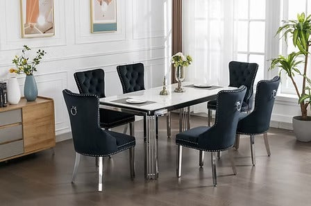 Armelia 7-Piece Dining Set – Black Ceramic Marble Table with Black Velvet Tufted Chairs