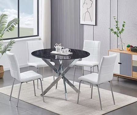 Almora 5-Piece Dinette Set – Black Marble Glass Table with Chrome Legs & White PU Chairs