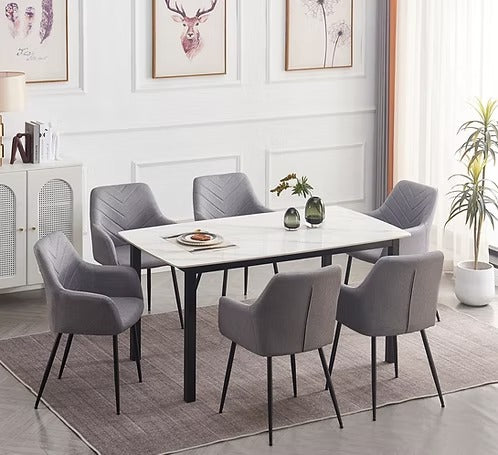Dolviano 7-Piece Dinette Set – Sintered Stone White Marble Table with Black Steel Legs & Grey Fabric Chairs