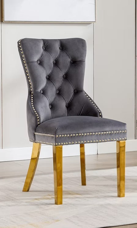 Oviero 2-Piece Luxury Grey Velvet Dining Chair Set with Gold Knocker, Polished Gold Frame, Button Tufted Front & Nailhead Details