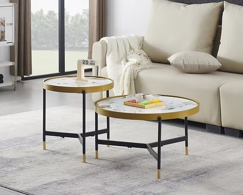 Alvireo Set of 2 Coffee Tables – Modern Sintered Stone Pandora Marble Top with Black &amp; Gold Steel Base