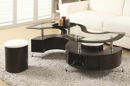 Nexario Coffee Table with 2 Stools and Storage – Modern 8mm Tempered Glass Coffee Table with Espresso Base