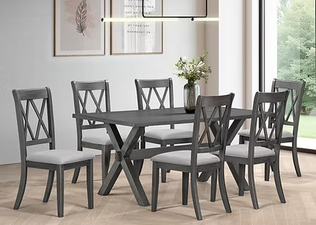 Domera 7-Piece Dining Set – Antique Grey Contemporary Rectangular Table with Fabric Chairs