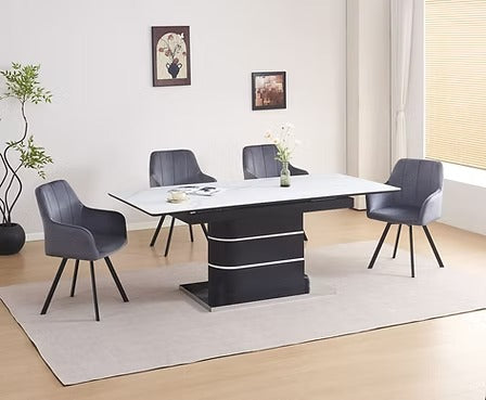 Tervano 7-Piece Dinette Set – Snowy White Marble Extension Table with Grey Velvet Swivel Chairs (Copy)