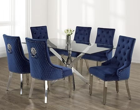 Zorvexo 7-Piece Dinette Set – Tempered Clear Glass Table with Chrome Legs & Blue Velvet Lion Knocker Chairs