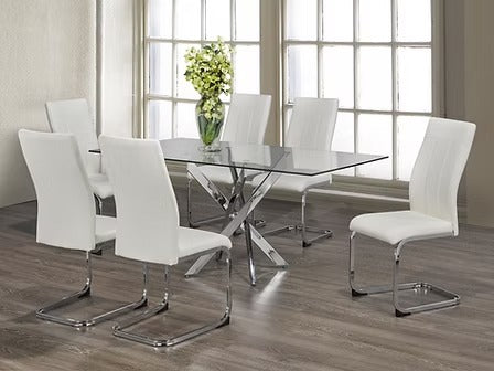 Marvion 7-Piece Dinette Set – Tempered Clear Glass Table with Chrome Legs & White PU Chairs